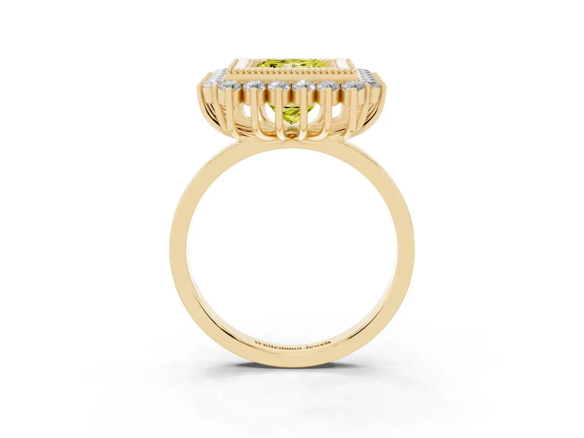 Fancy Yellow Princess Cut Halo Diamond Ring with Milgrain Edge and Round Prong Setting Yellow gold