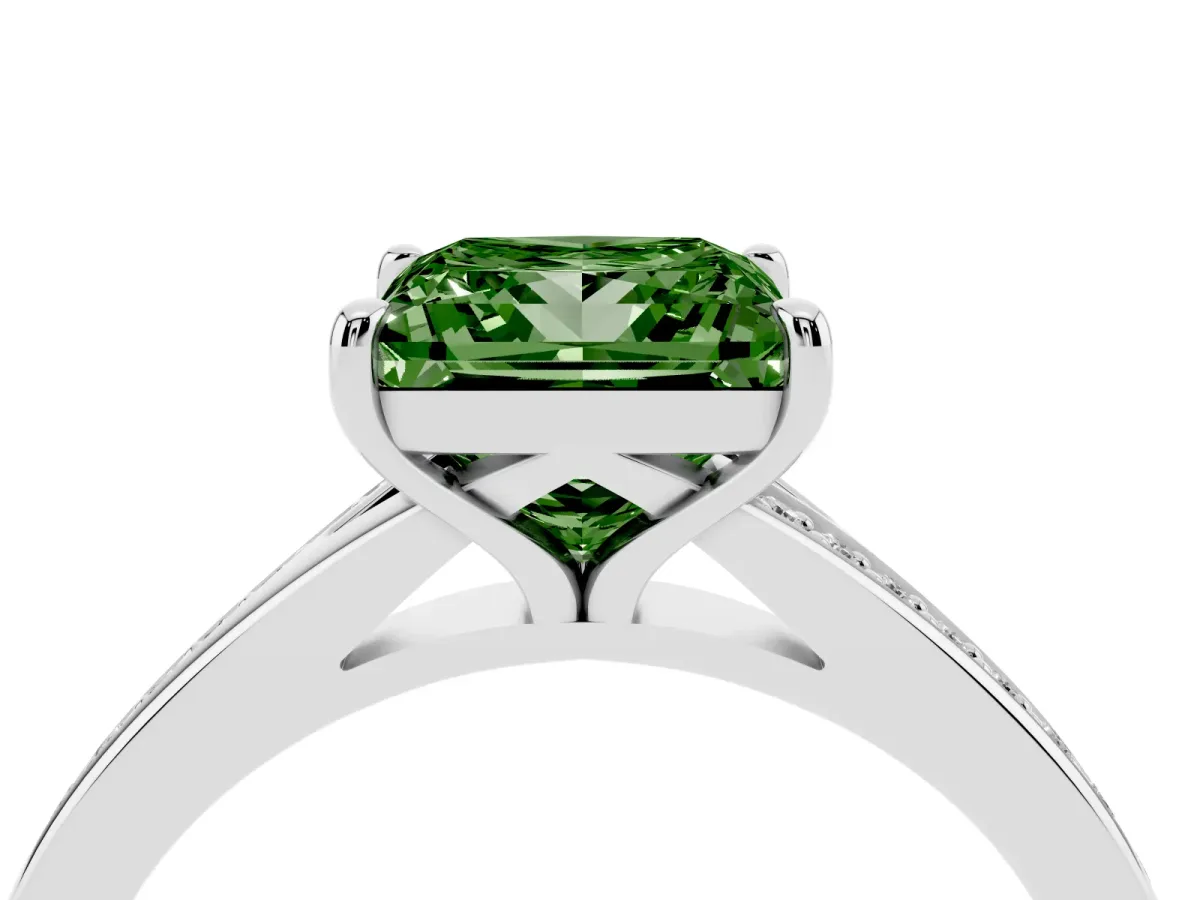 Fancy Green Princess Cut Diamond Solitaire Ring with Pavé Band and Prong Setting Silver