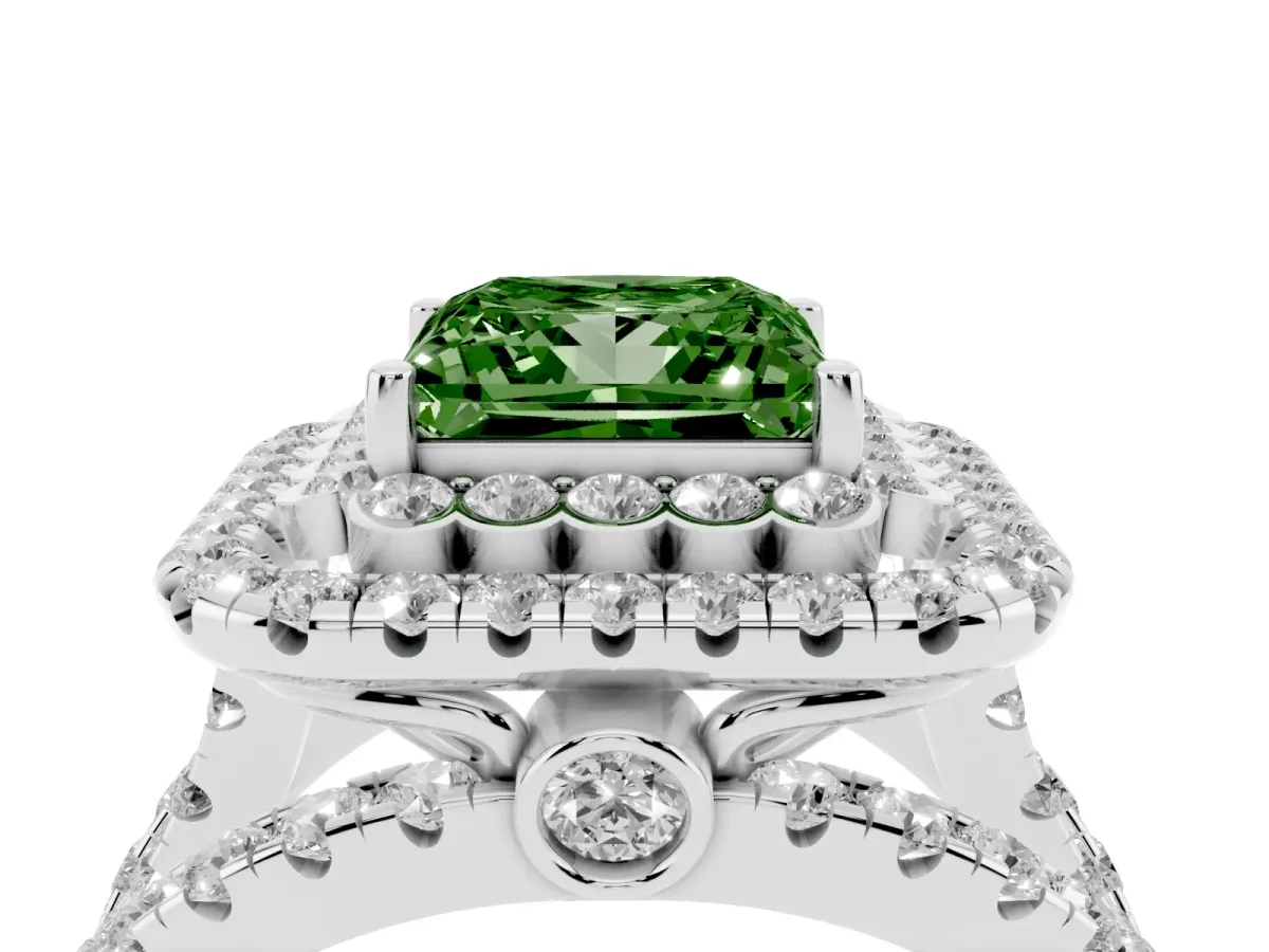 Fancy Green Princess Cut Diamond Double Halo Ring with Round Pavé Split Shank and Prong Setting Silver