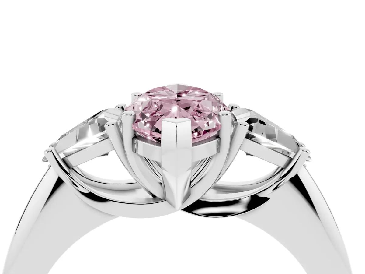 Fancy Pink Three-Stone Marquise Cut Diamond Engagement Ring with Trillion Side Stones and Prong Setting Silver