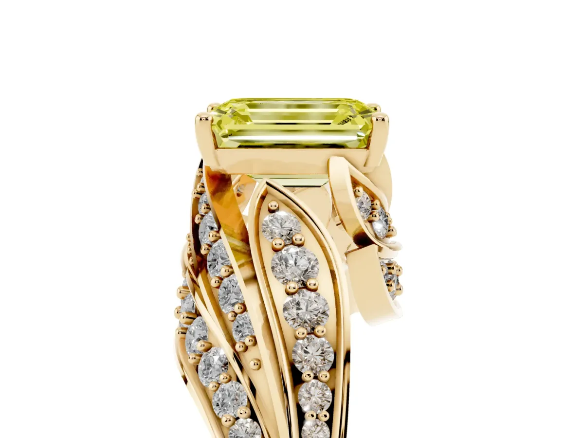 Fancy Yellow Emerald Cut Diamond Solitaire Ring with Prong Setting and Twisted Pavé Band Yellow gold