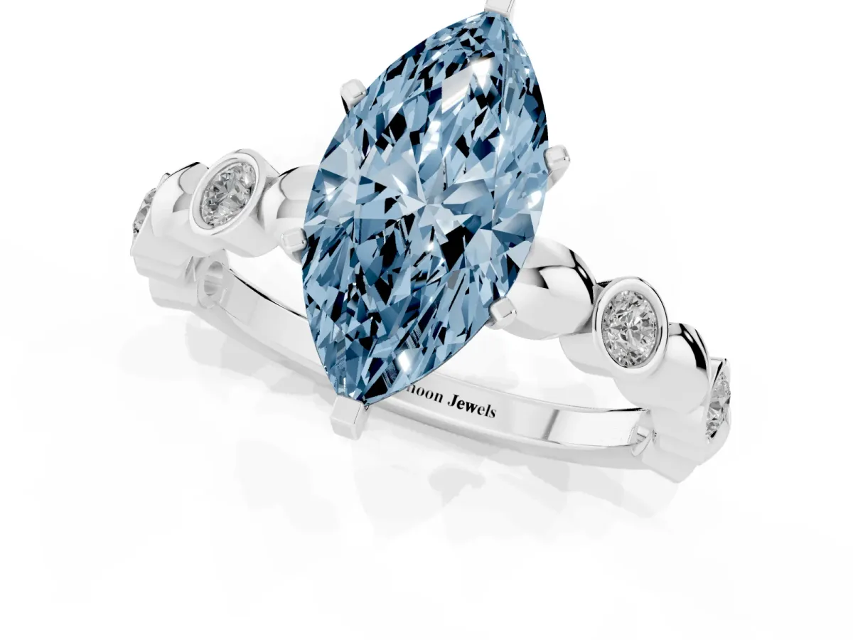 Fancy Blue Marquise Cut Solitaire Bezel-Set Diamond Ring with Beaded Band and Four-Prong Setting Silver