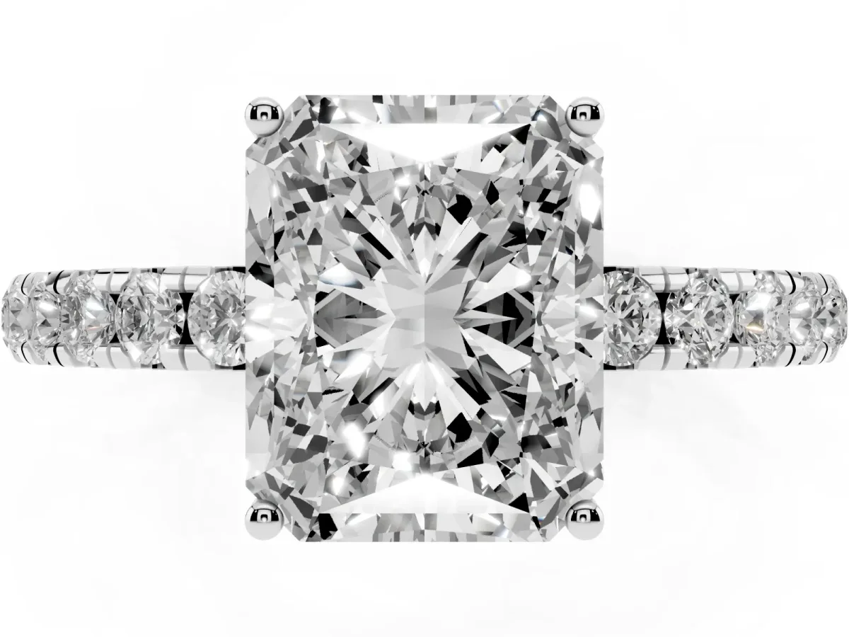 Radiant Cut Diamond Pavé Solitaire Engagement Ring with Four-Prong Setting Platinum