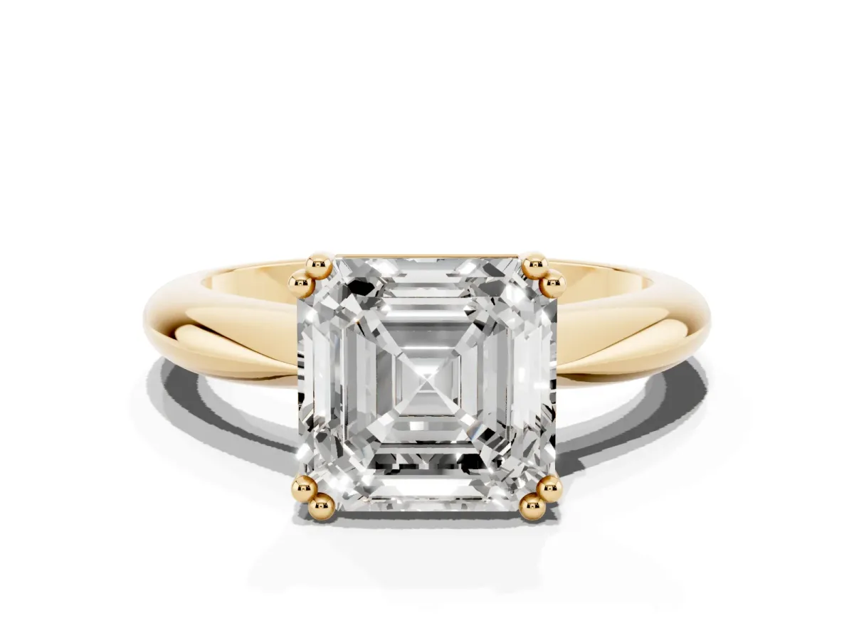 Asscher Cut Cut Solitaire Engagement Ring with Tapered Band and Four-Prong Setting Yellow gold
