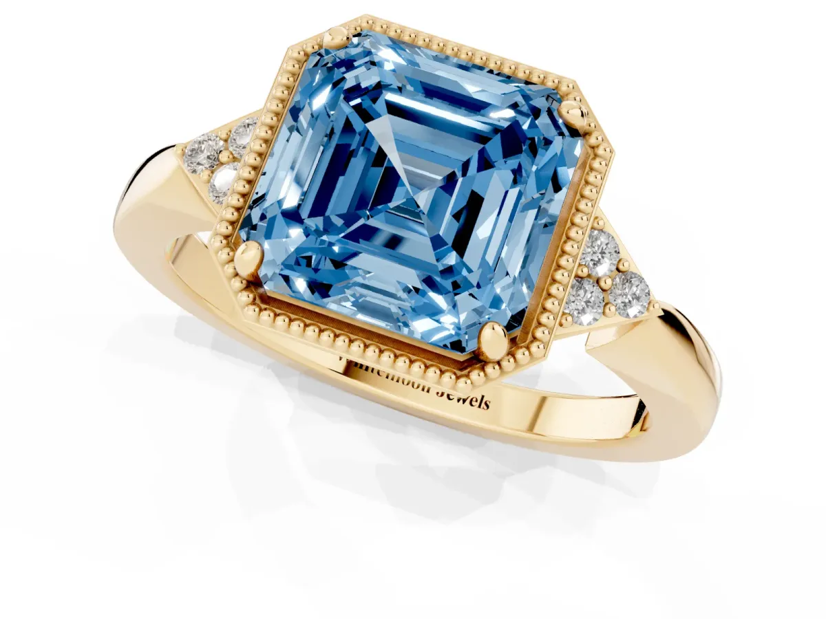 Fancy Blue Asscher Cut Diamond Halo Ring with Tapered Band and Four-Prong Setting Yellow gold