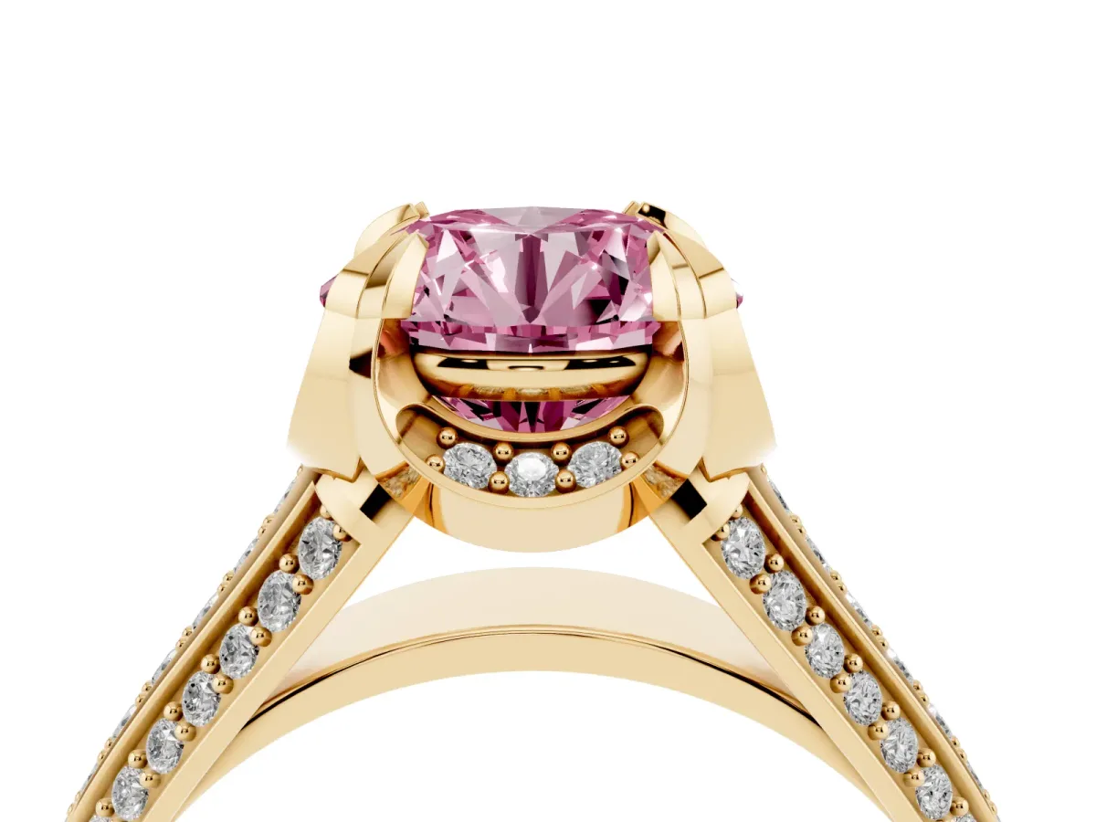 Fancy Pink Round Cut Solitaire Pave Split Shank Ring with Four-Prong Setting Yellow gold
