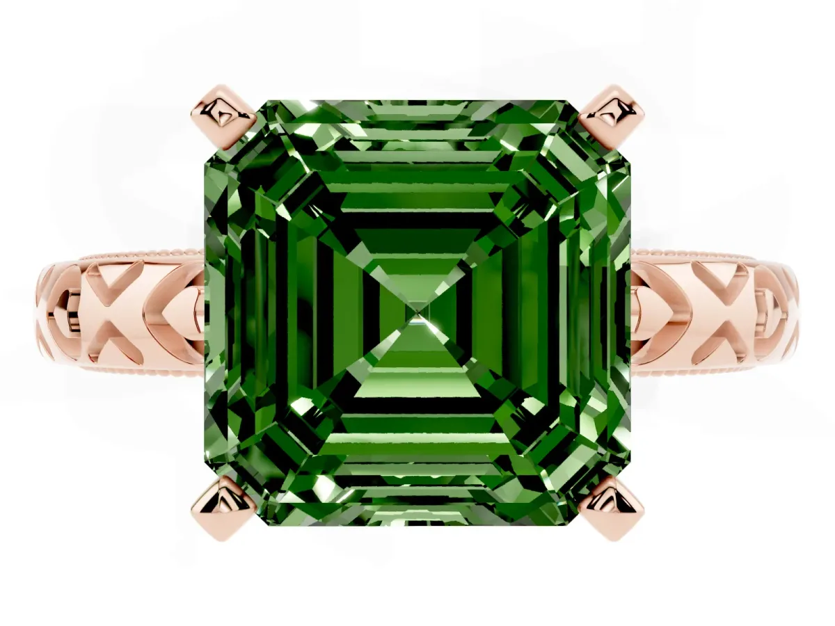 Fancy Green Asscher Cut Solitaire Diamond Engagement Ring with XO Engraved Band and Four-Prong Setting Rose gold