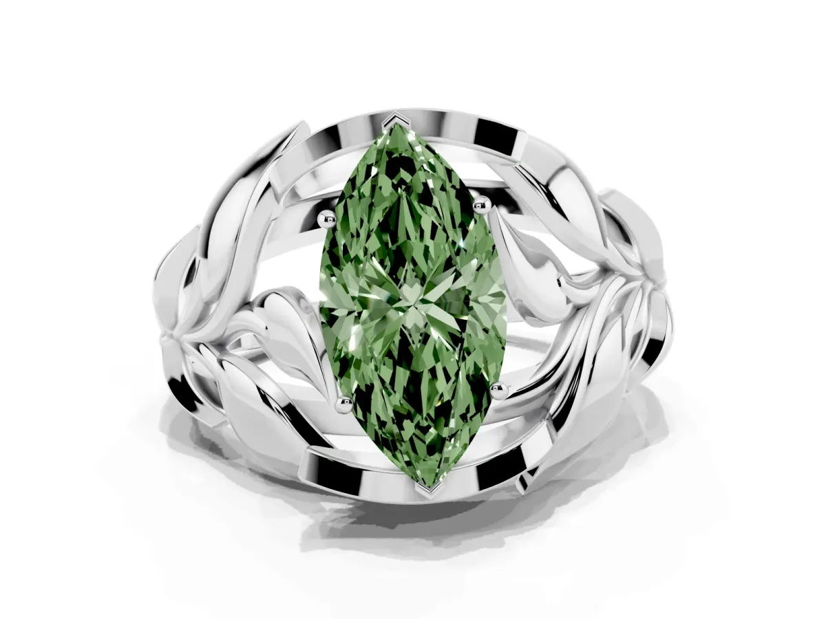 Fancy Green Marquise Cut Diamond Leaf-Inspired Engagement Ring with Round Accents and Prong Setting White gold