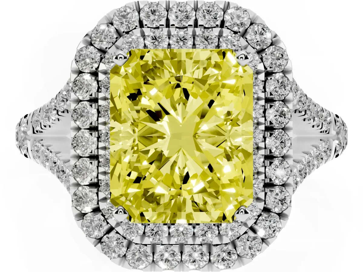 Fancy Yellow Double Halo Radiant Cut Diamond Split Shank Engagement Ring with Four-Prong Setting Silver