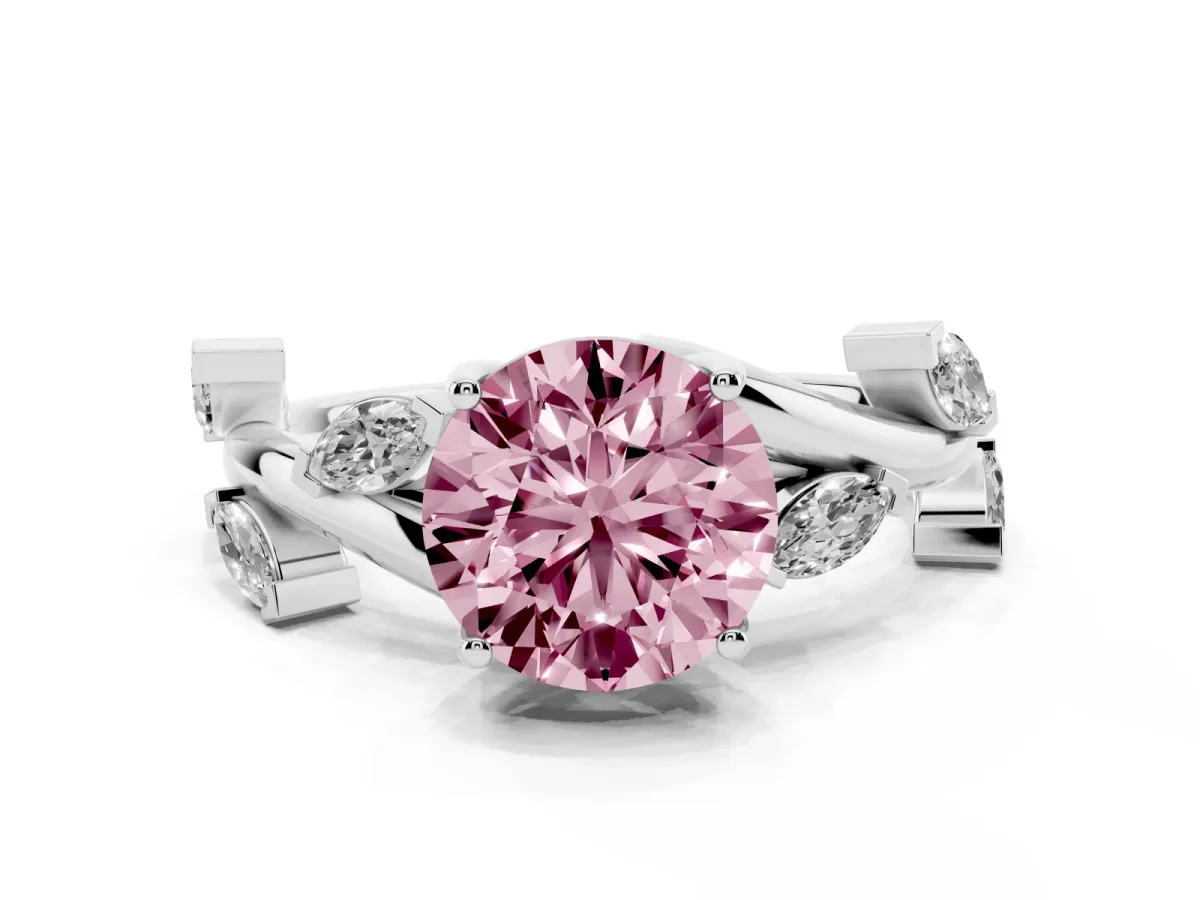 Fancy Pink Round Cut Solitaire Twisted Band Marquise Accent Prong Setting Ring Silver