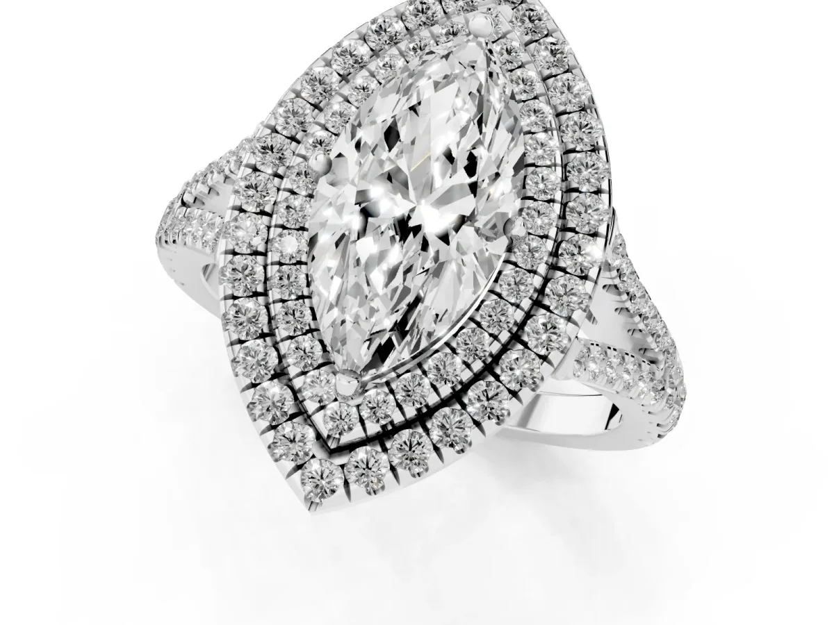 Marquise Cut Diamond Double Halo Ring with Pavé Band and Prong Setting Silver