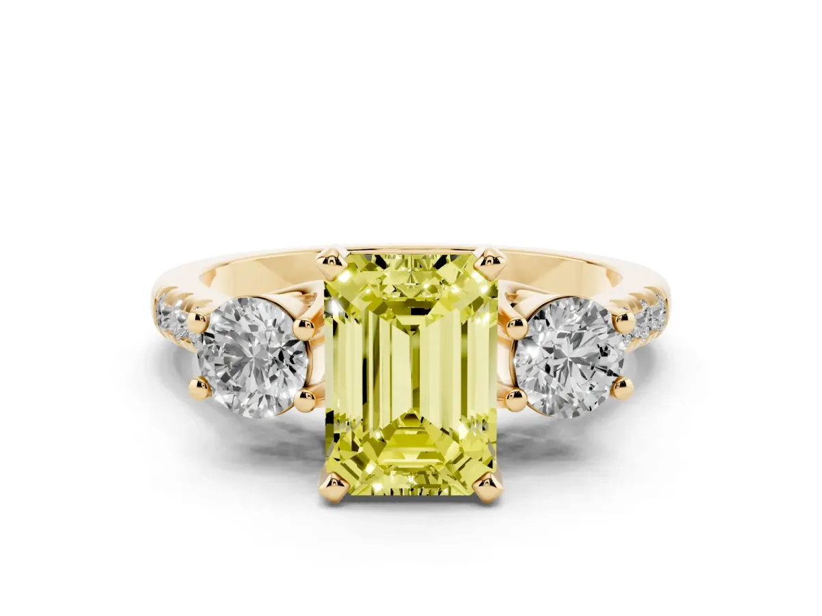 Fancy Yellow Three-Stone Emerald Cut Diamond Pavé Band with Four-Prong Setting Yellow gold