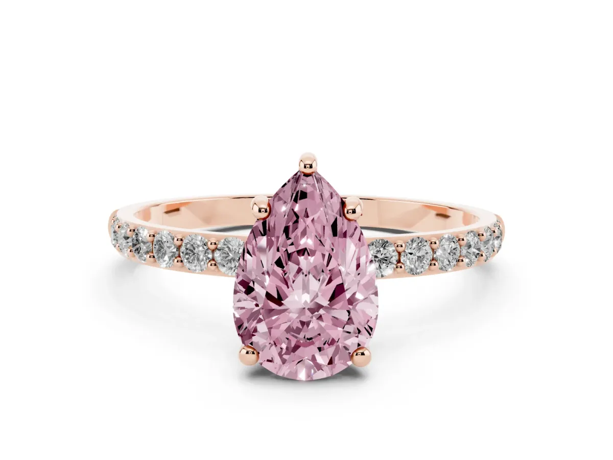 Fancy Pink Pear Cut Diamond Solitaire Ring with Round Pavé Band and Prong Setting Rose gold