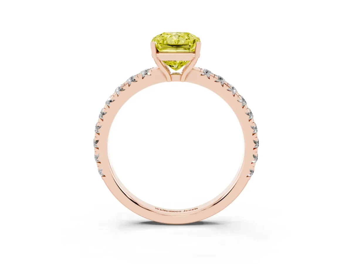 Fancy Yellow Radiant Cut Diamond Pavé Solitaire Engagement Ring with Four-Prong Setting Rose gold