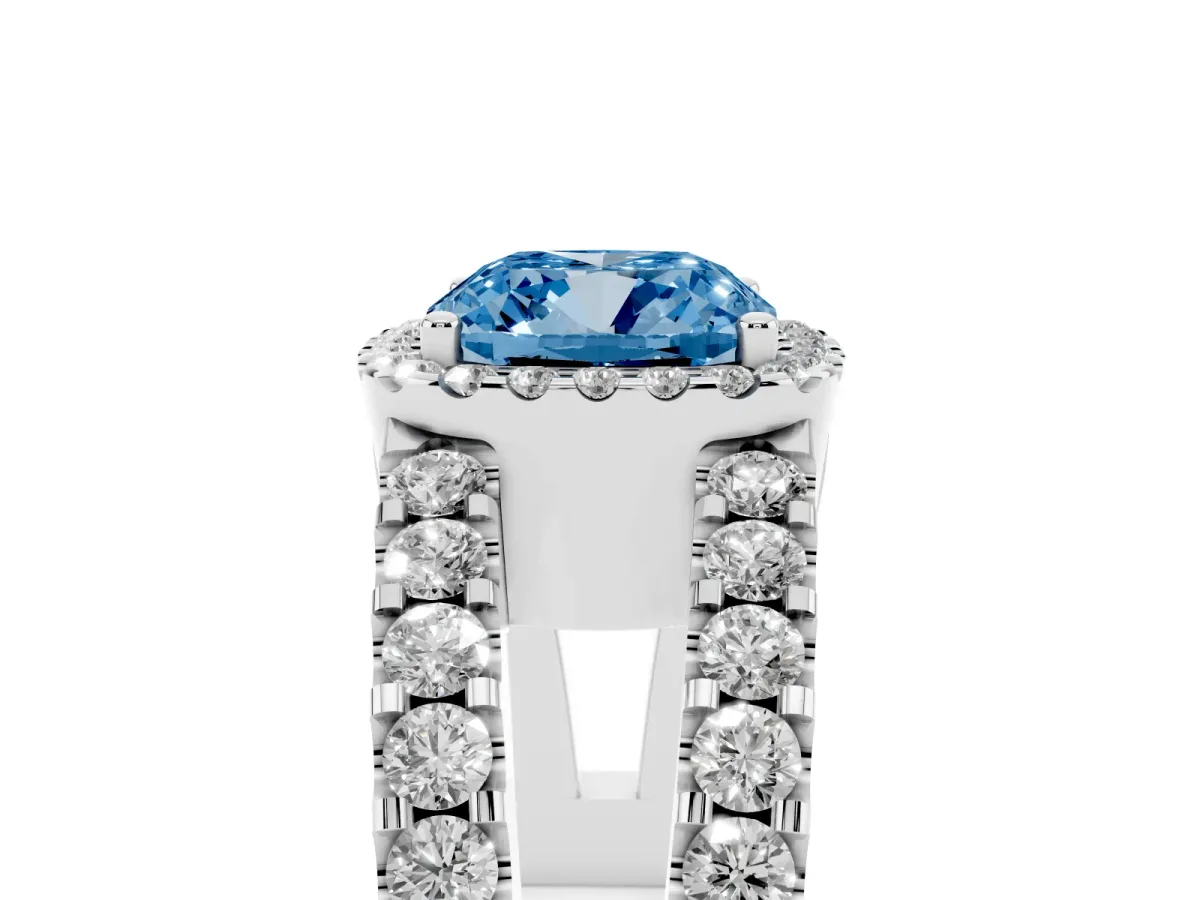 Fancy Blue Cushion Cut Cut Halo Split Shank Diamond Ring with Four-Prong Setting Platinum