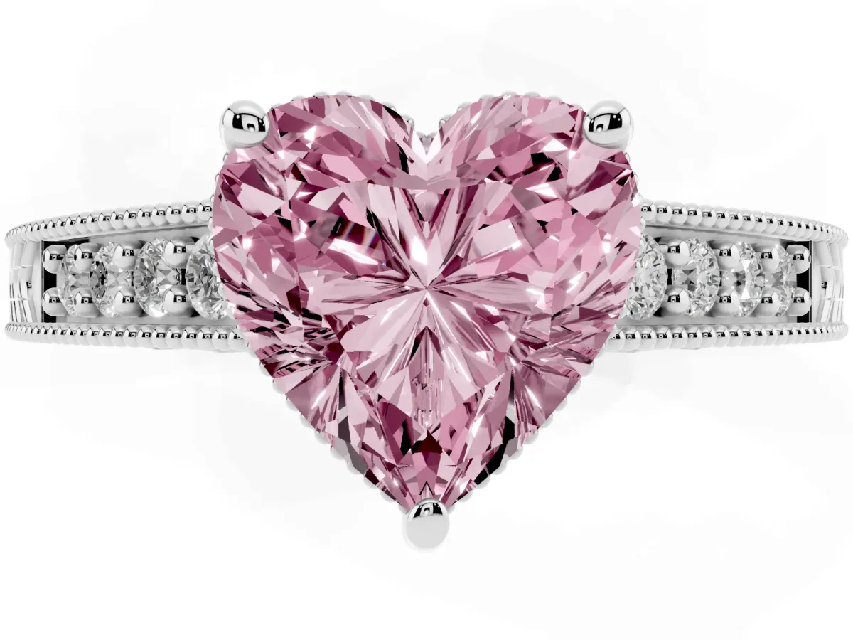 Fancy Pink Heart Cut Solitaire Pavé Diamond Milgrain Engagement Ring with Four-Prong Setting Silver