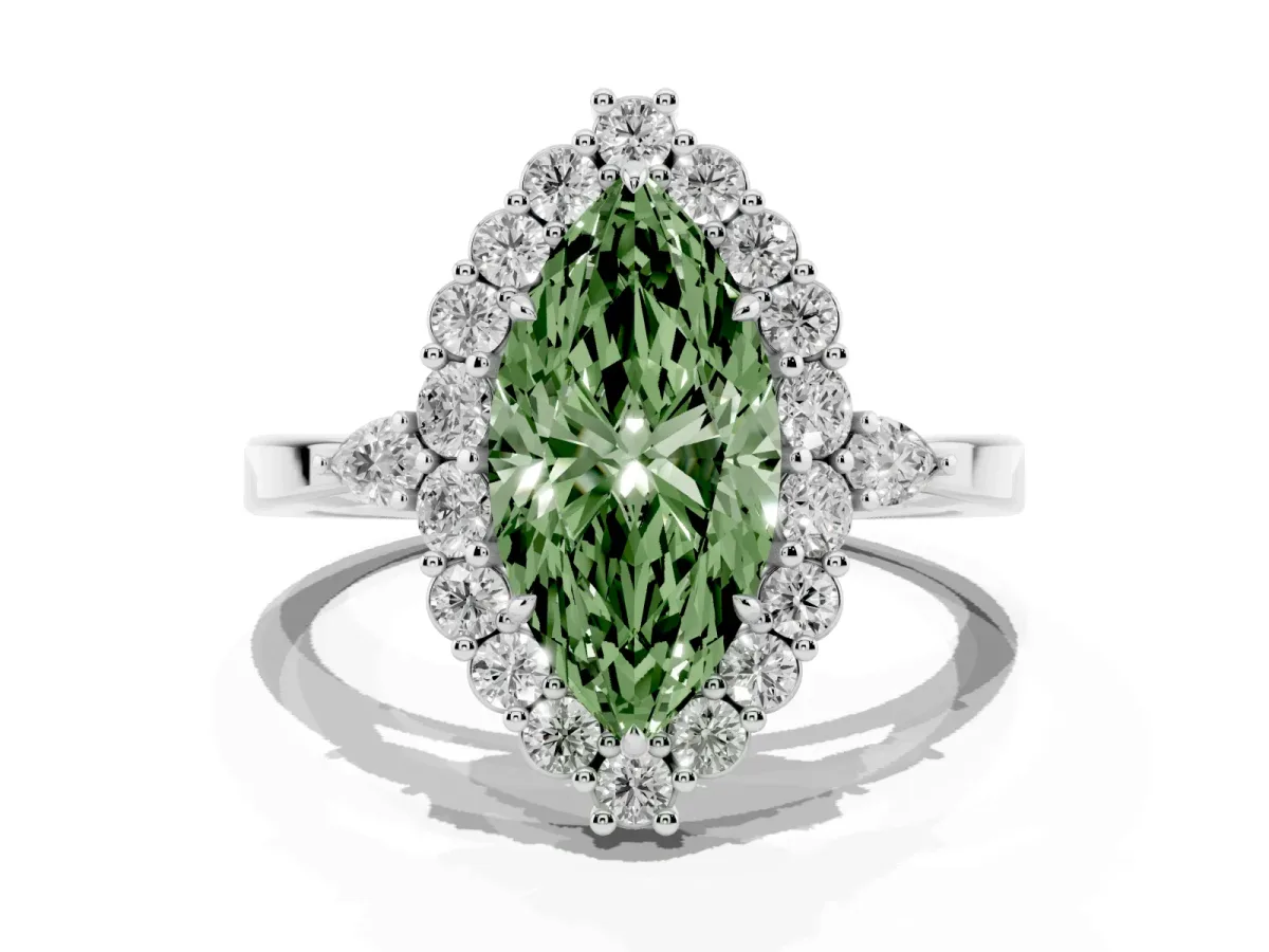 Fancy Green Marquise Cut Diamond Halo Ring with Pear Side Stones and Prong Setting Silver