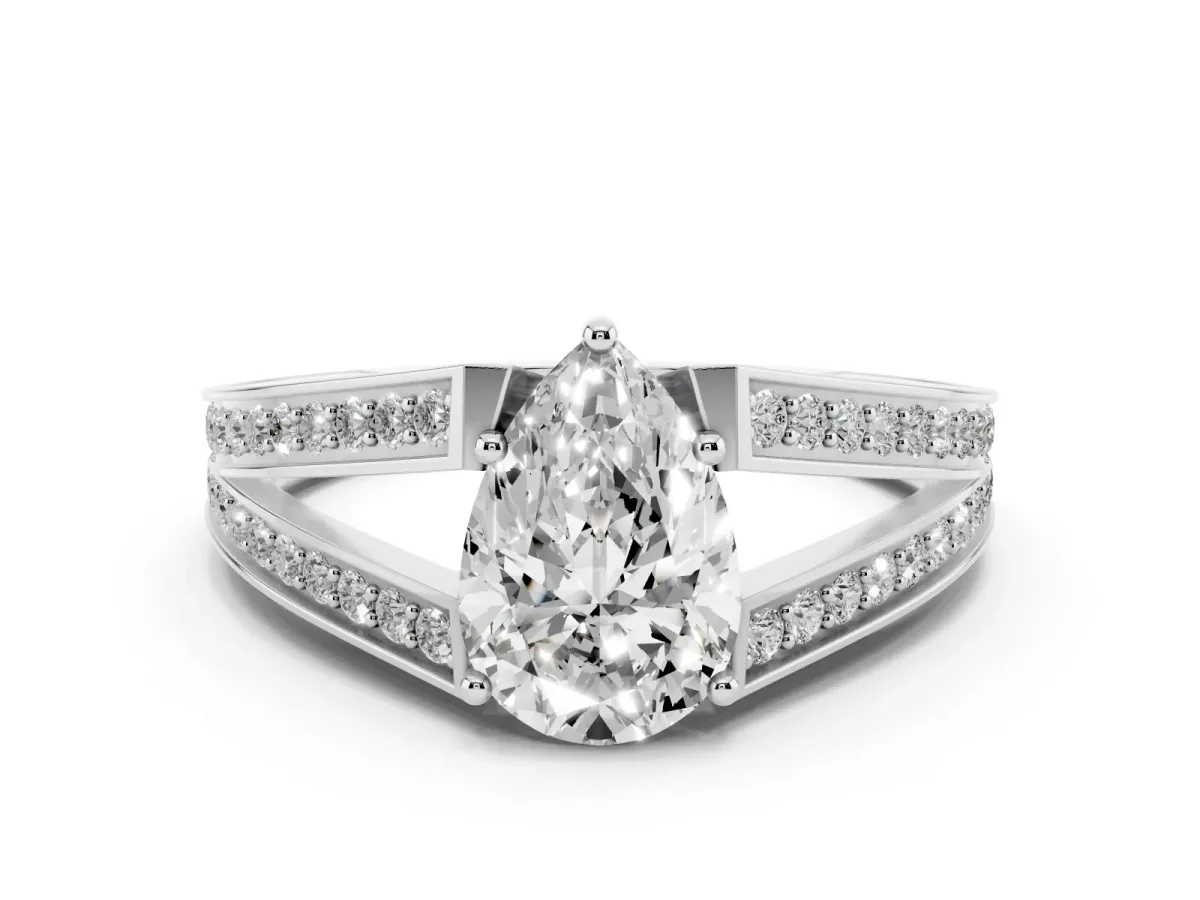 Pear Cut Diamond Split Shank Ring with Pavé Band and Four-Prong Setting White gold