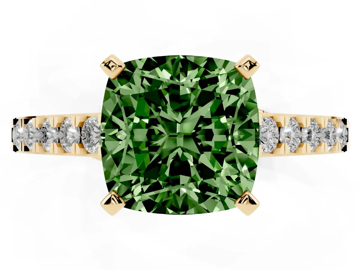 Fancy Green Cushion Cut Diamond Solitaire Ring with Crossover Gallery and Round Pavé Band Yellow gold