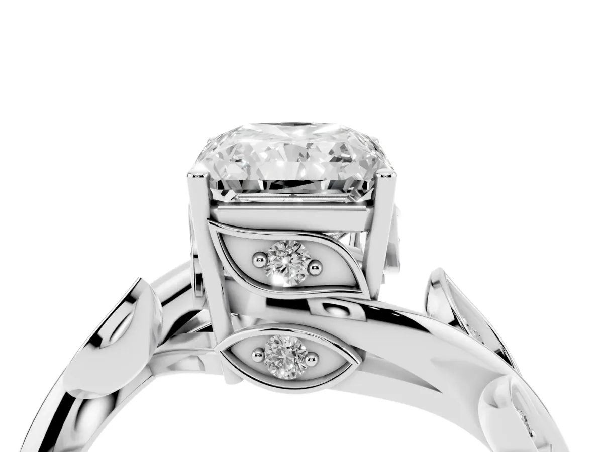 Radiant Cut Solitaire Twist Engagement Ring with Leaf Accents and Prong Setting Silver
