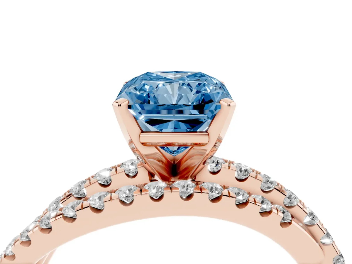 Fancy Blue Radiant Cut Solitaire Twist Band with Pavé Setting and Four-Prong Setting Rose gold
