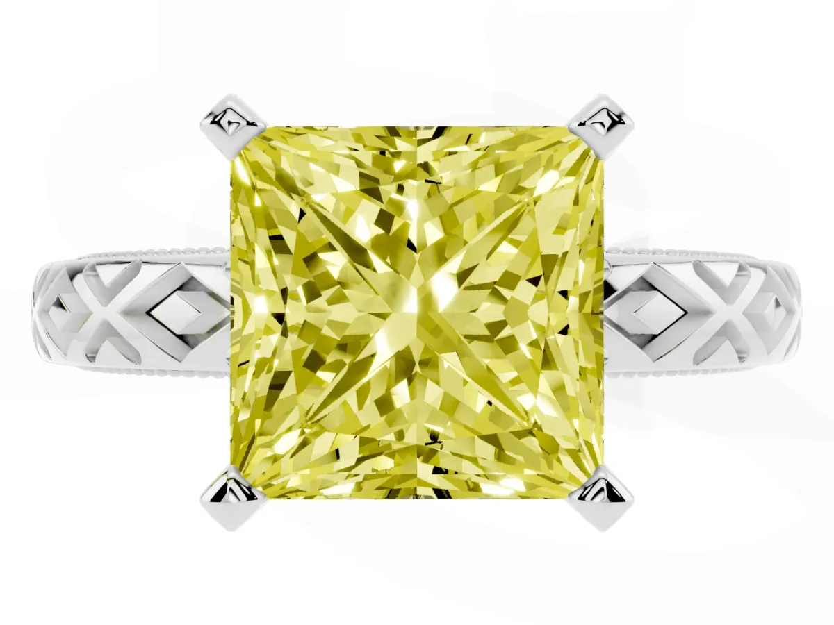 Fancy Yellow Princess Cut Solitaire Diamond Ring with Milgrain and Black Enamel X Pattern Band Silver