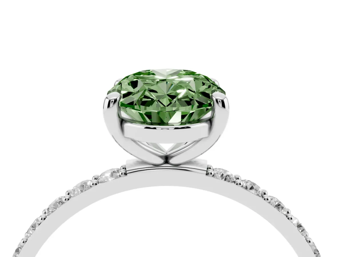 Fancy Green Oval Cut Diamond Solitaire Ring with Round Pavé Band and Prong Setting Silver