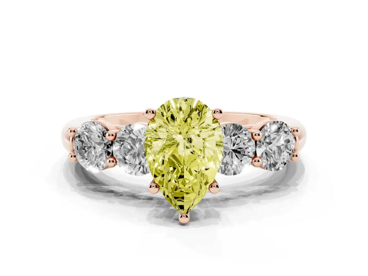 Fancy Yellow Pear Cut Cut Five-Stone Prong Set Diamond Ring with Classic Band Rose gold