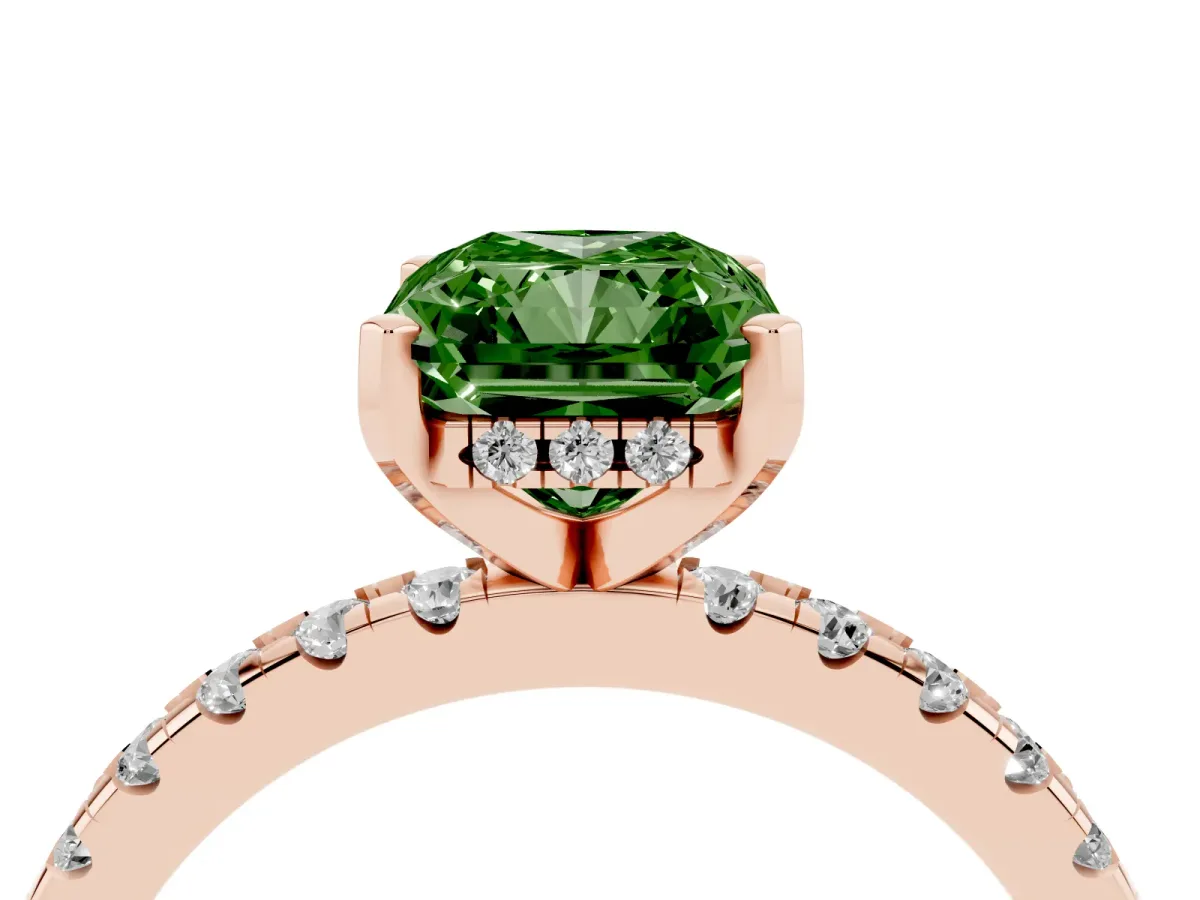 Fancy Green Radiant Cut Diamond Solitaire Ring with Round Pavé Band and Four-Prong Setting Rose gold