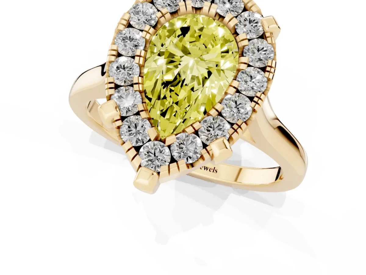 Fancy Yellow Pear Cut Diamond Cluster Halo Solitaire with Four-Prong Setting Yellow gold