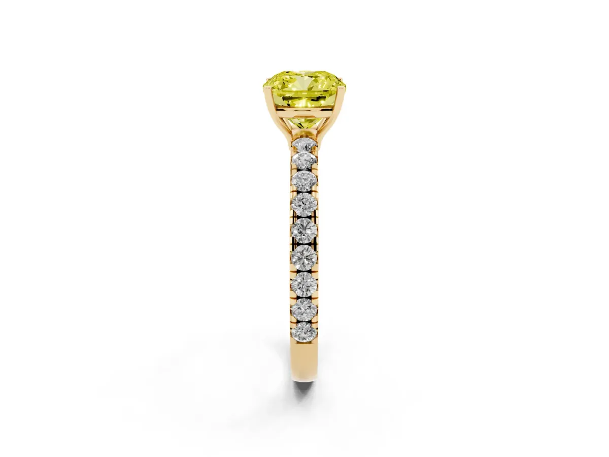 Fancy Yellow Cushion Cut Diamond Pavé Solitaire Engagement Ring with Four-Prong Setting Yellow gold