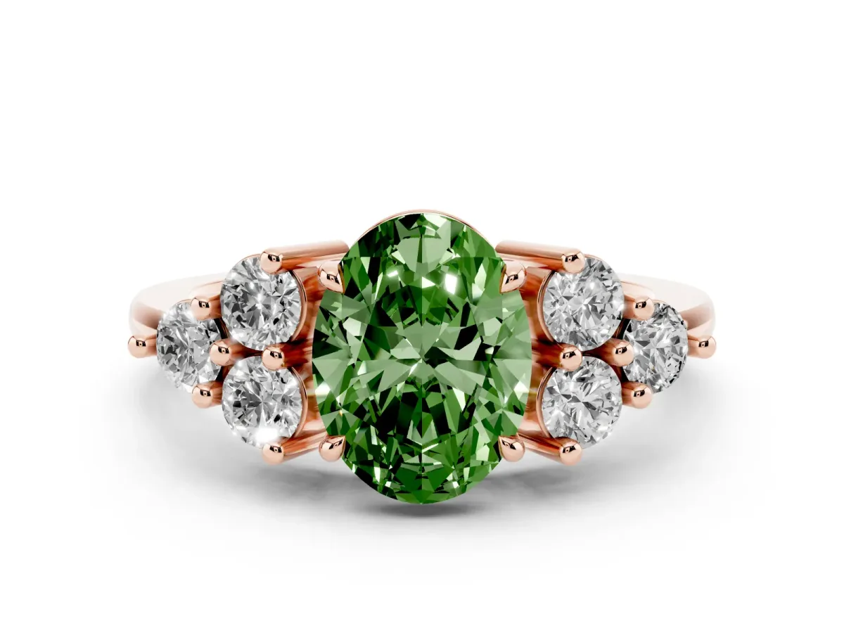 Fancy Green Oval Cut Brilliant Diamond Cluster Accent Solitaire Ring with Prong Setting Rose gold