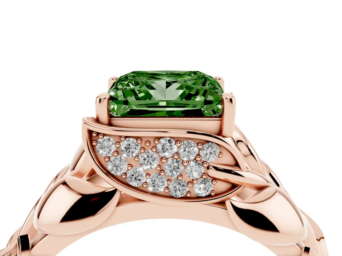 Fancy Green Princess Cut Diamond Leaf-Inspired Engagement Ring with Round Accents and Prong Setting Rose gold