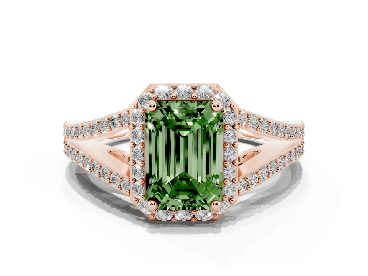Fancy Green Emerald Cut Halo Split Shank Pave Diamond Ring with Four-Prong Setting Rose gold