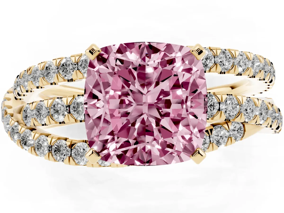 Fancy Pink Cushion Cut Solitaire Twist Band with Pavé Setting and Four-Prong Setting Yellow gold