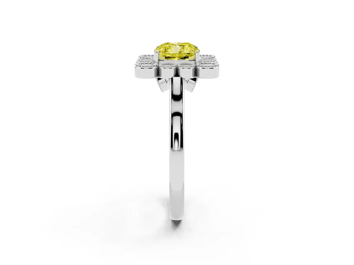 Fancy Yellow Cushion Cut Halo Diamond Cluster Engagement Ring with Milgrain Bezel Setting and Solitaire Band Silver