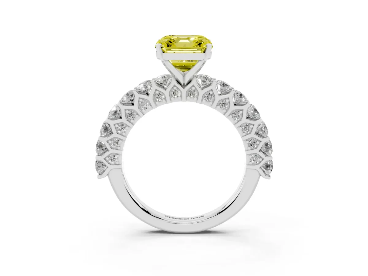 Fancy Yellow Asscher Cut Diamond Solitaire Ring with Shared Prong Pavé Band and Four-Prong Setting Silver