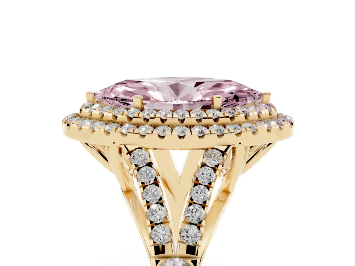 Fancy Pink Marquise Cut Cut Double Halo Split Shank Diamond Ring with Prong Setting Yellow gold