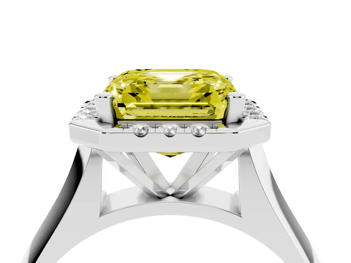 Fancy Yellow Asscher Cut Cut Halo Solitaire Engagement Ring with Square Band and Four-Prong Setting Platinum
