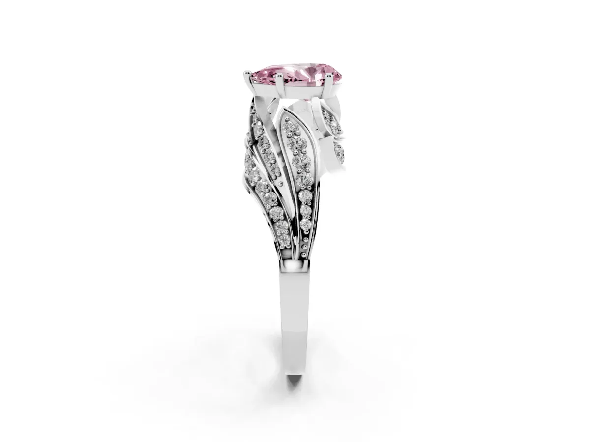 Fancy Pink Pear Cut Diamond Solitaire Ring with Prong Setting and Twisted Pavé Band Silver