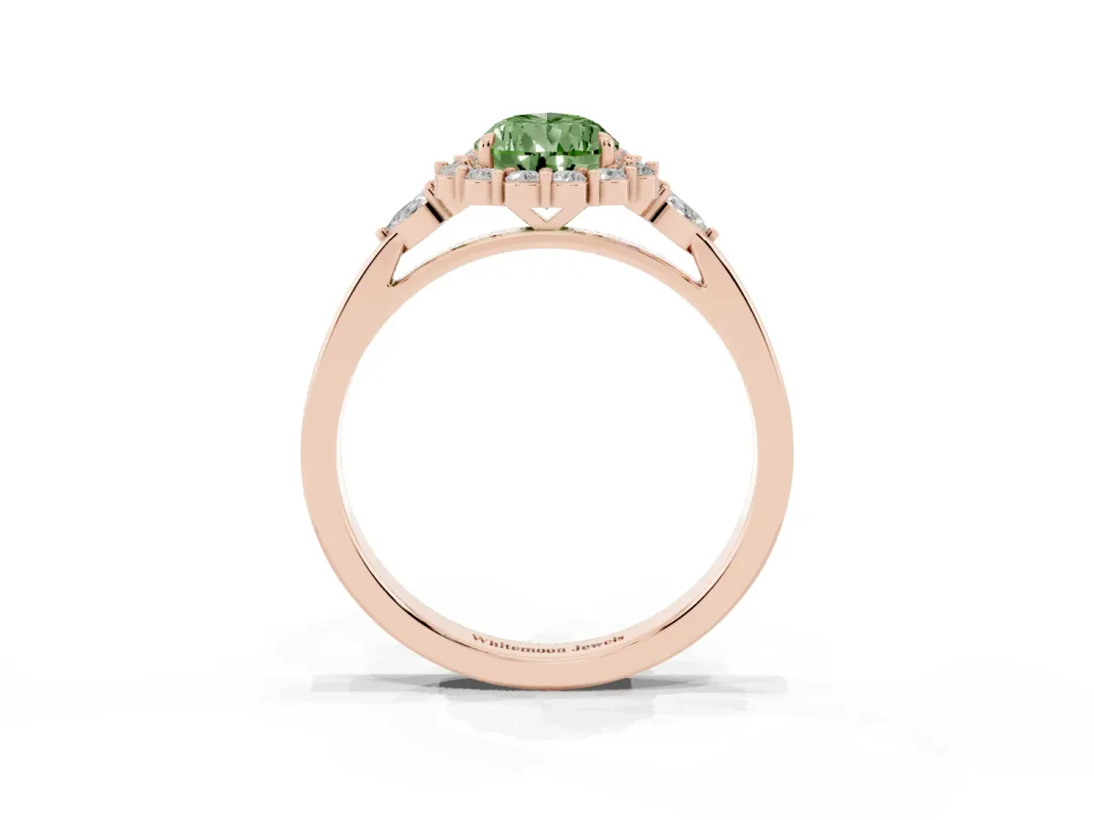 Fancy Green Pear Cut Diamond Halo Ring with Pear Side Stones and Prong Setting Rose gold