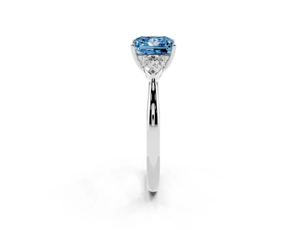 Fancy Blue Princess Cut Diamond Three-Stone Ring with Pear Side Stones and Prong Setting Silver