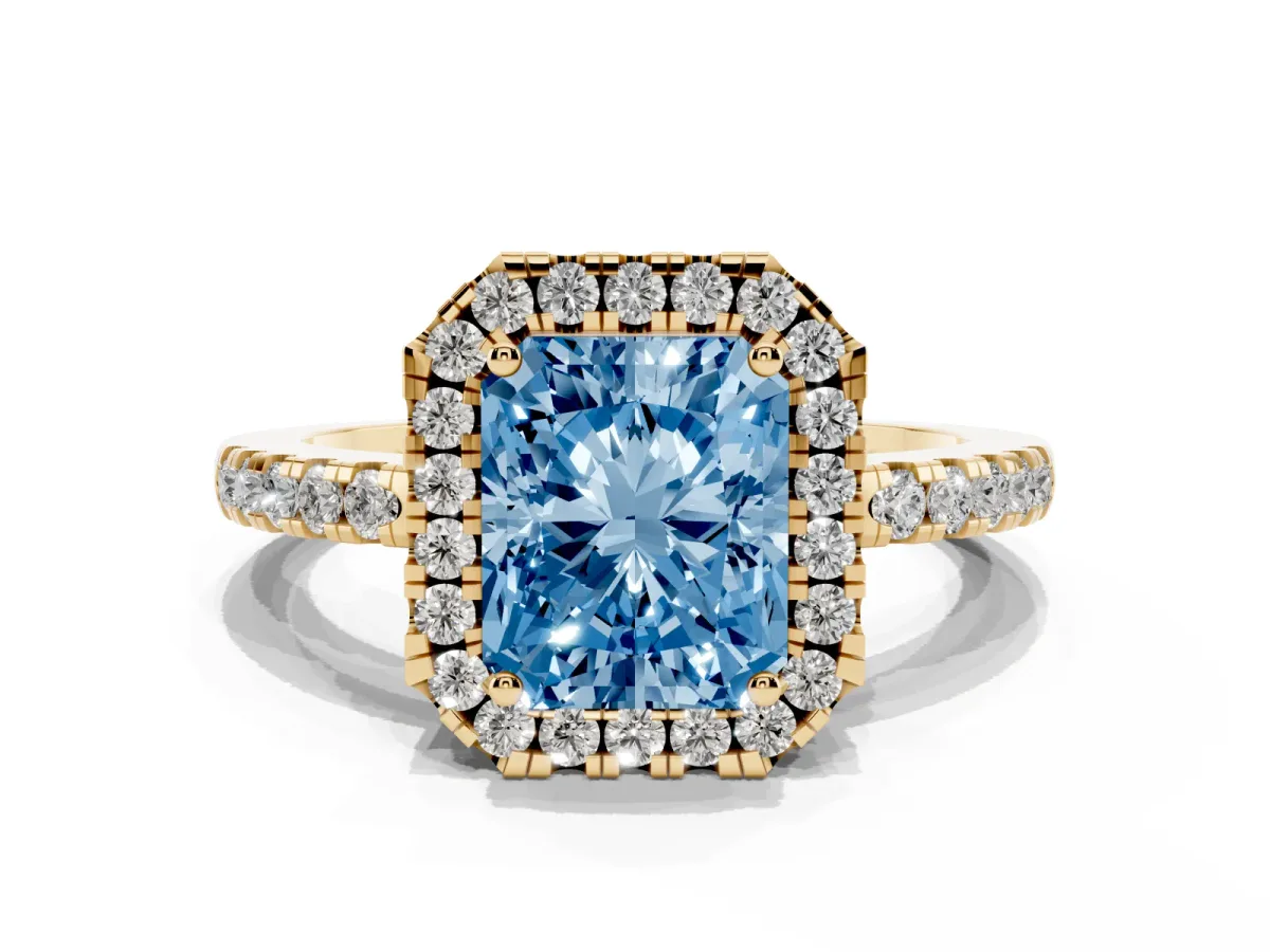 Fancy Blue Radiant Cut Halo Diamond Engagement Ring with Pavé Band and Four-Prong Setting Yellow gold