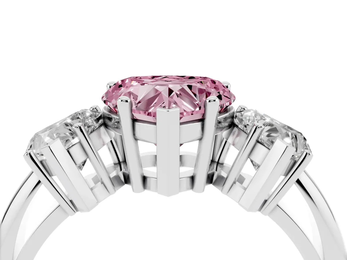 Fancy Pink Three-Stone Heart Cut Cut Diamond Engagement Ring with Prong Setting on a White Gold Band Silver