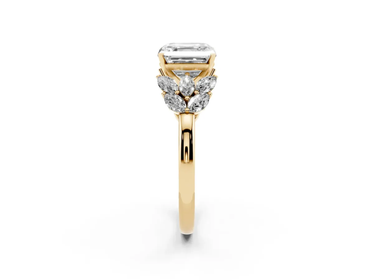 Asscher Cut Diamond Cluster Leaf Design Ring with Prong Setting Yellow gold