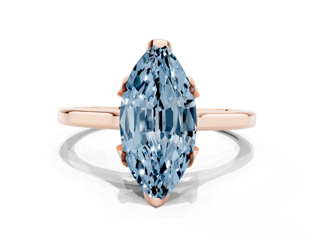 Fancy Blue Marquise Cut Diamond Solitaire Ring with Flower Prong Setting and Classic Band Rose gold