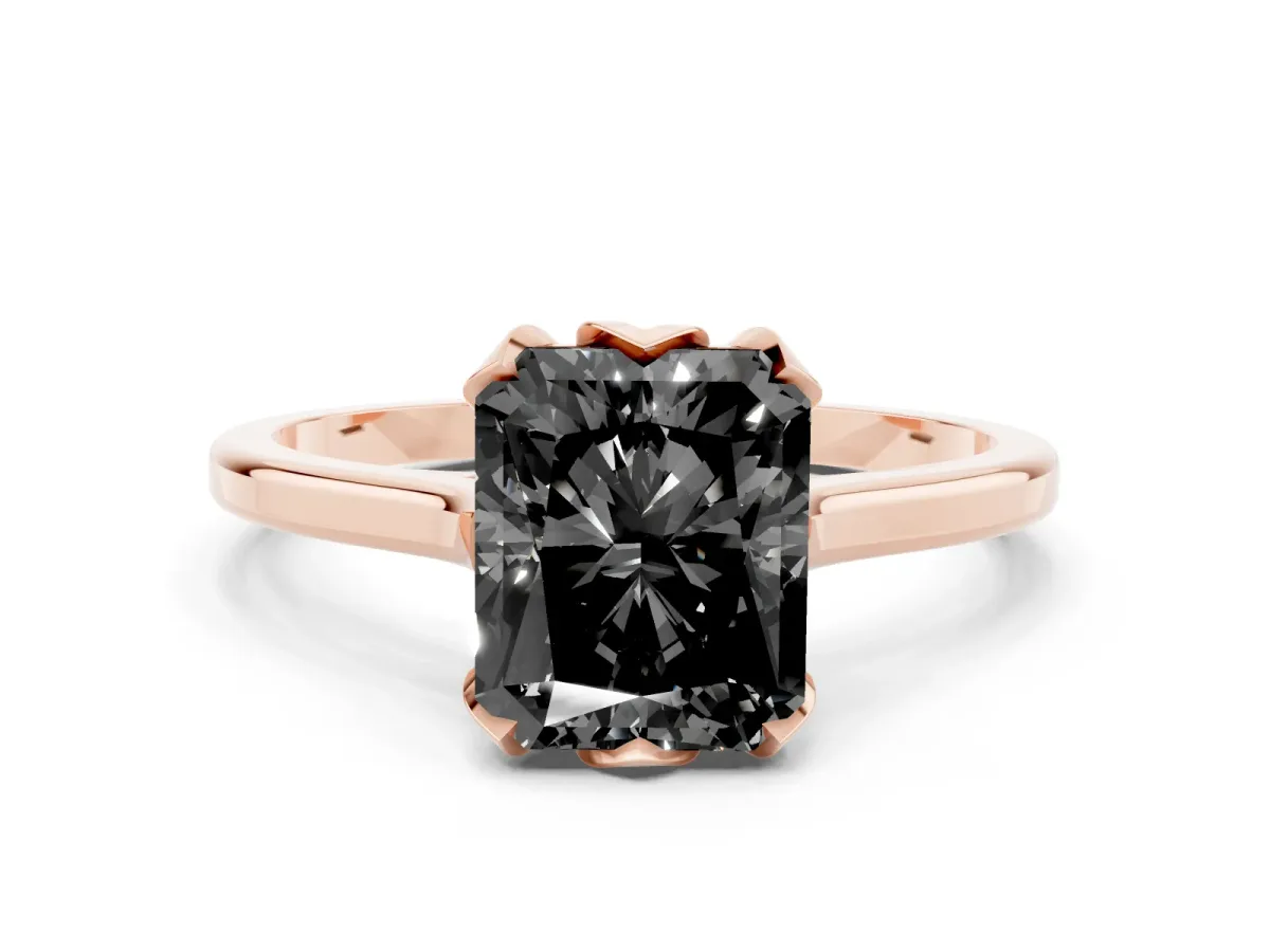 Fancy Black Radiant Cut Diamond Solitaire Ring with Flower Prong Setting and Classic Band Rose gold