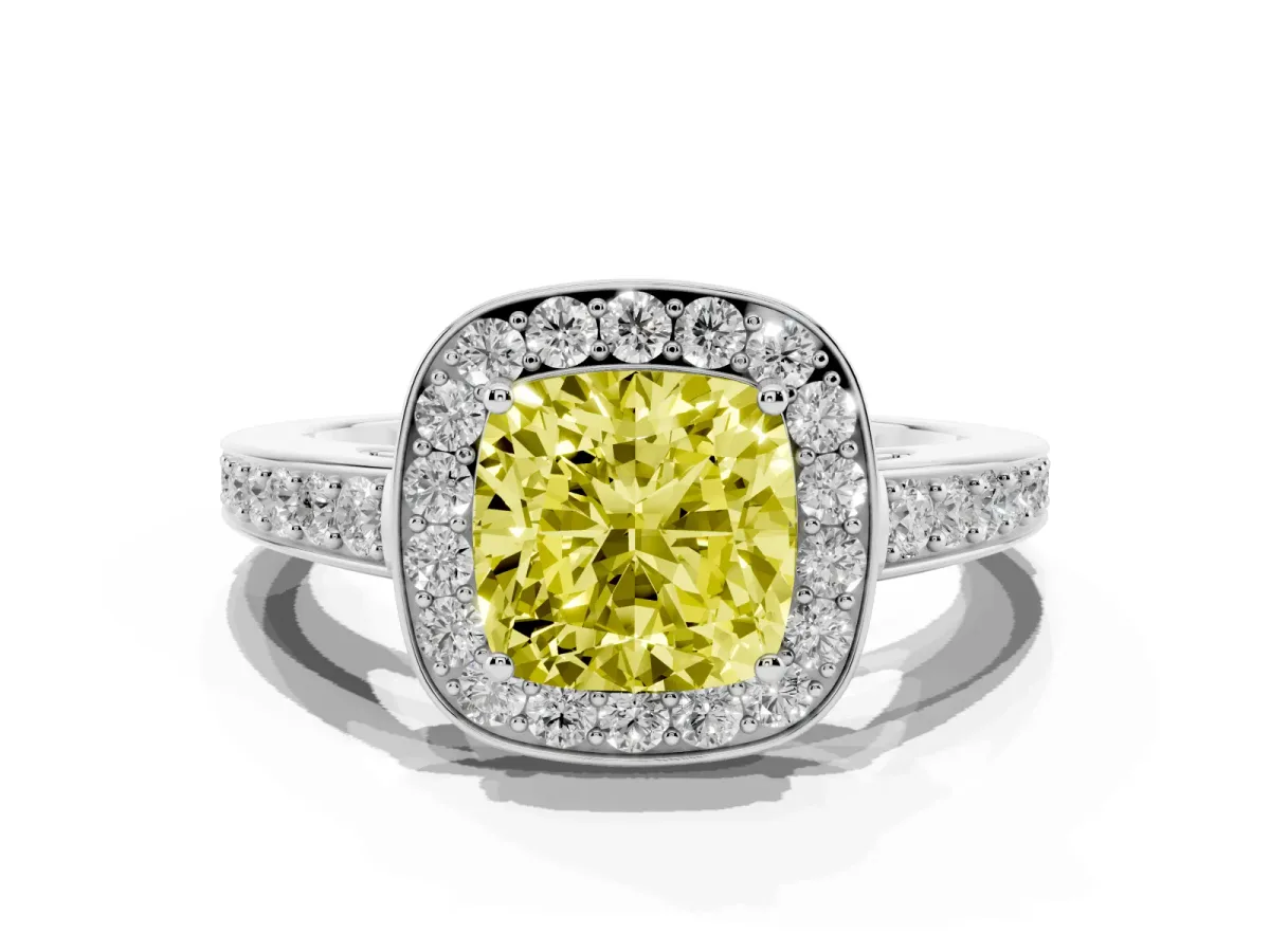 Fancy Yellow Cushion Cut Halo Pavé Diamond Engagement Ring with Bezel Setting Silver