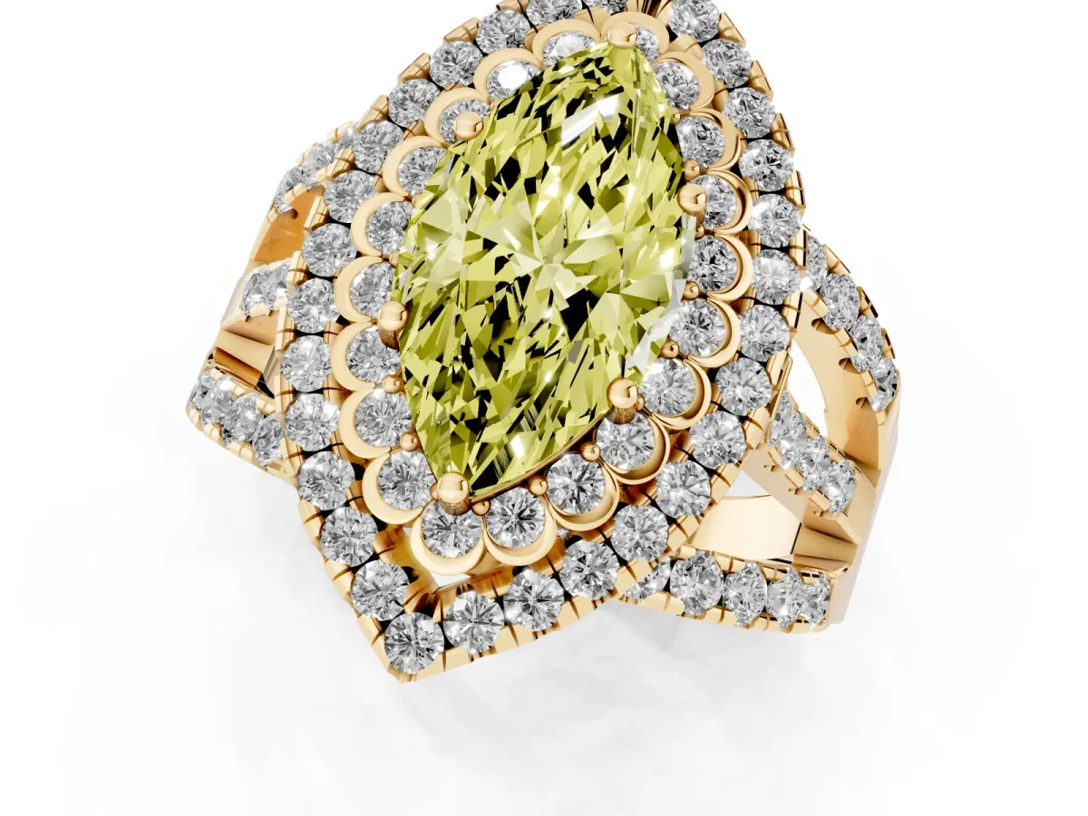 Fancy Yellow Marquise Cut Diamond Double Halo Ring with Round Pavé Split Shank and Prong Setting Yellow gold