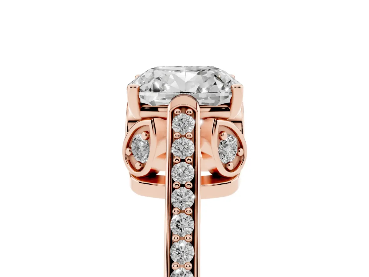 Cushion Cut Cut Cathedral Pave Diamond Engagement Ring with Six-Prong Setting Rose gold